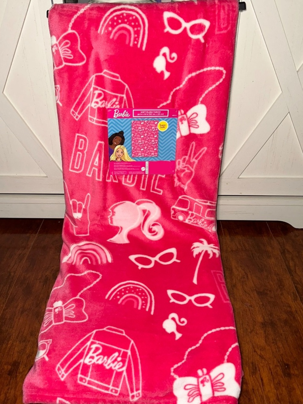 Barbie Hot Pink Plush Throw Blanket with White Icons